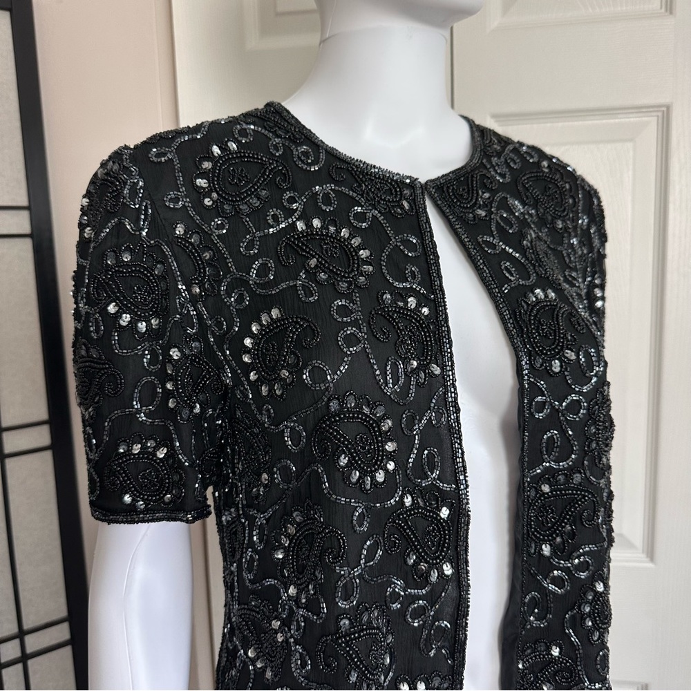 NWT Vintage Laurence Kazar Blazer Sequin Silk Beaded Beads Sequins Open Jacket M - Picture 4 of 17